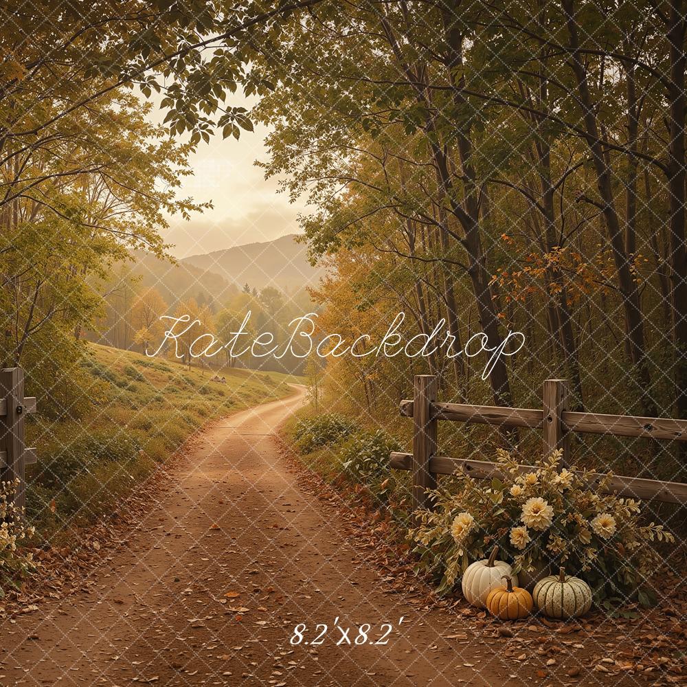 Kate Fall Forest Path Pumpkins Mountains Printed Backdrop Designed by Shutter Swan Studios