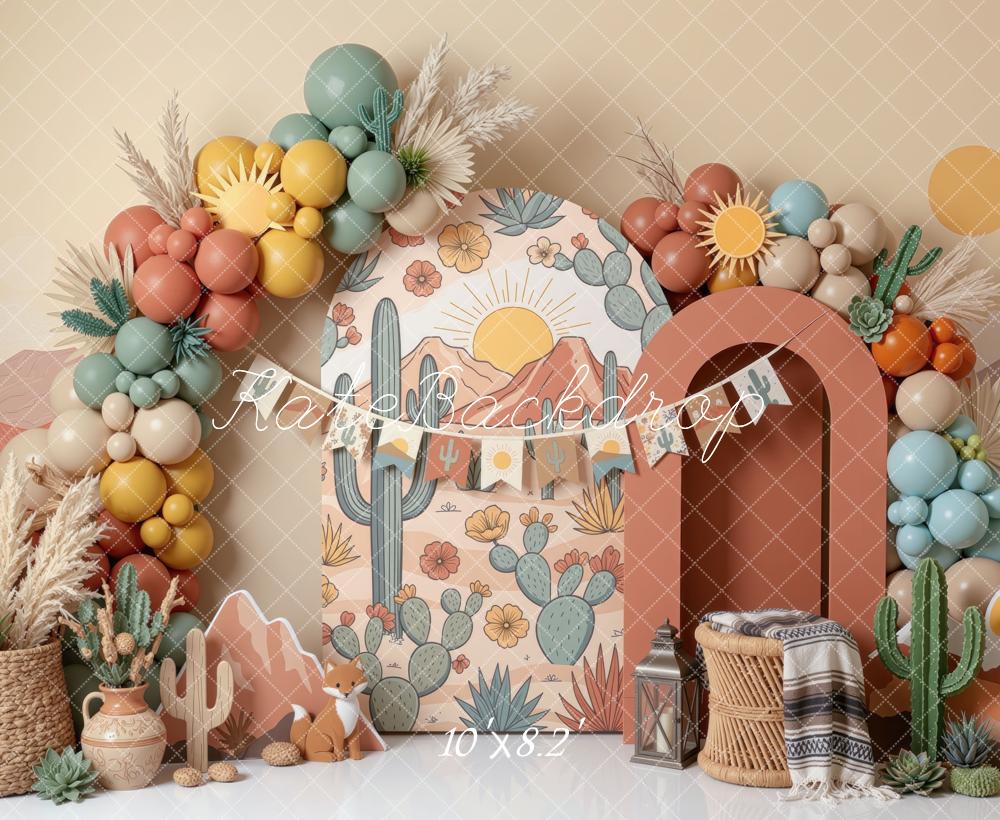 Kate Cake Smash Boho Desert Cactus Sun Balloons Printed Backdrop Designed by Mini MakeBelieve