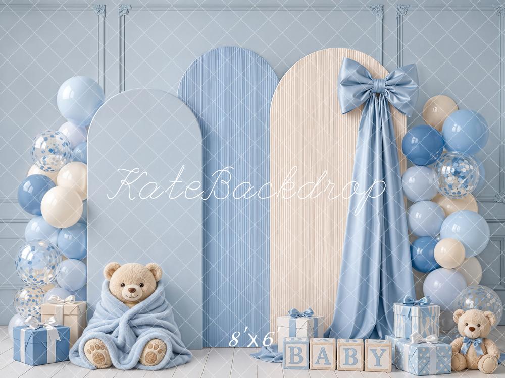 Kate Cake Smash Blue Teddy Bear Balloon Arch Bow Printed Backdrop Designed by Emetselch