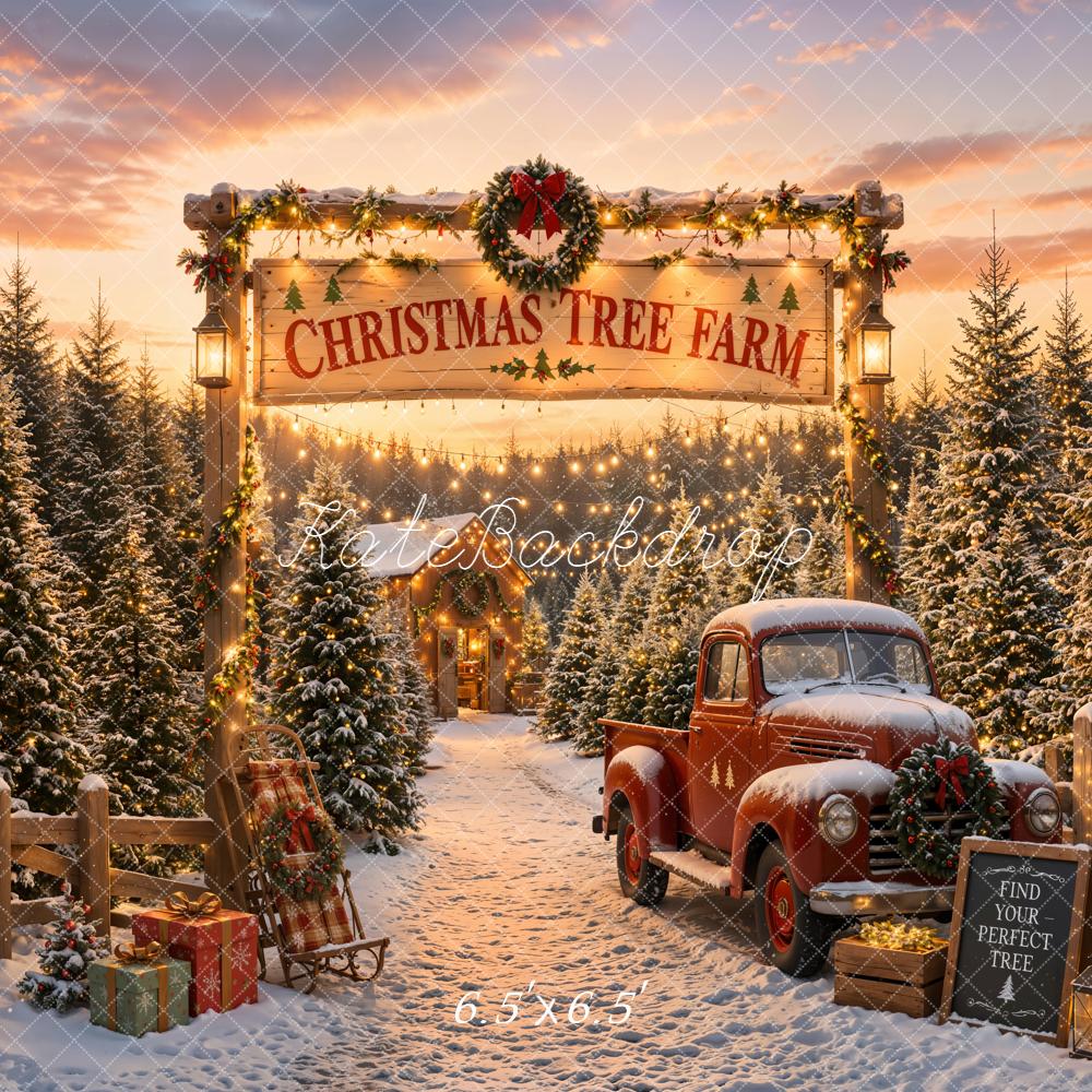 Kate Christmas Tree Farm Red Truck Snowy Pine Trees Printed Backdrop Designed by Emetselch