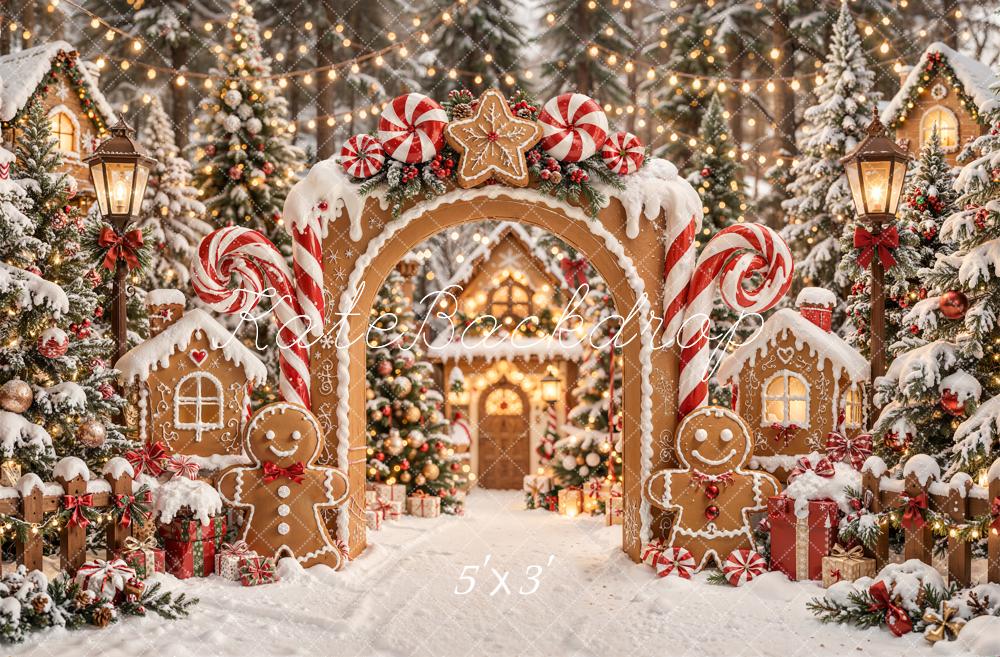 Kate Christmas Gingerbread Arch Candy Cane House Printed Backdrop Designed by Emetselch