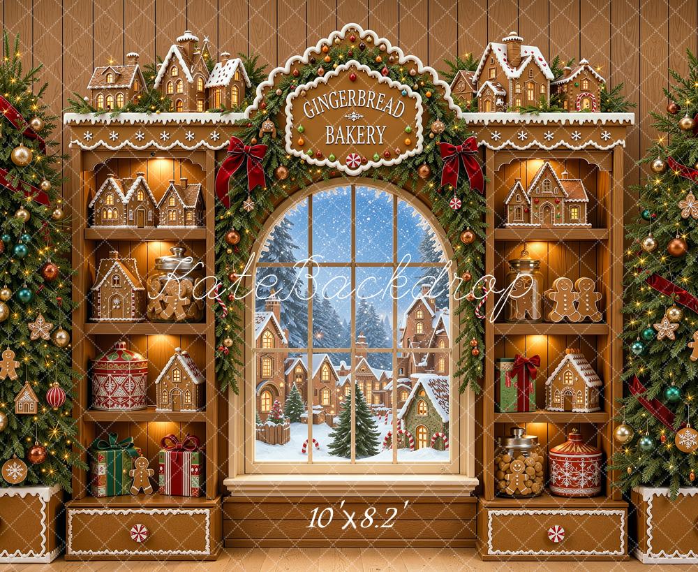 Kate Christmas Trees Gingerbread Bakery Snowy Window Printed Backdrop Designed by Shutter Swan Studios