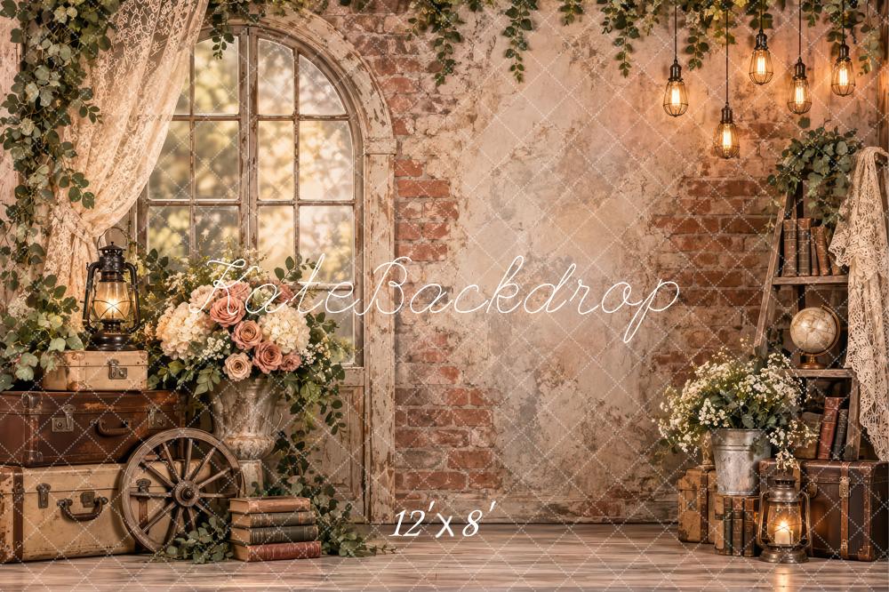Kate Spring Vintage Brick Wall Arched Window Flowers Lanterns Printed Backdrop Designed by Laura Bybee