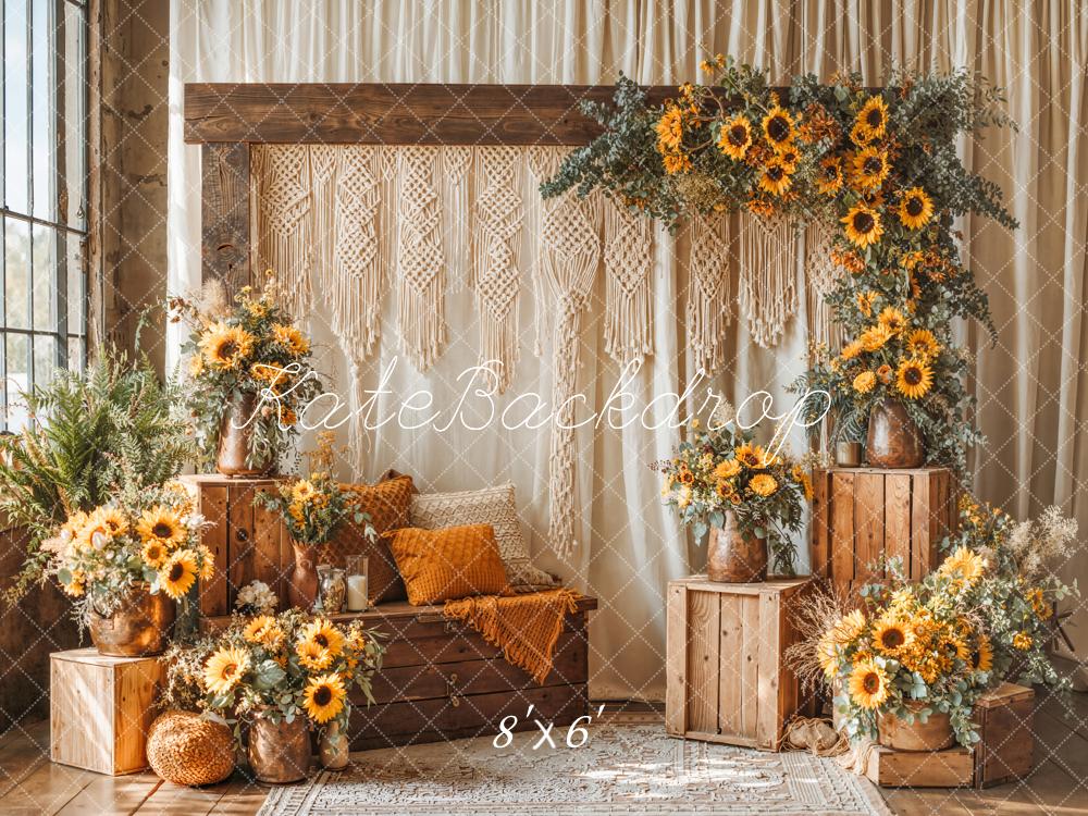 Kate Summer Boho Sunflower Flower Arch Wooden Crates Macrame Printed Backdrop Designed by Emetselch