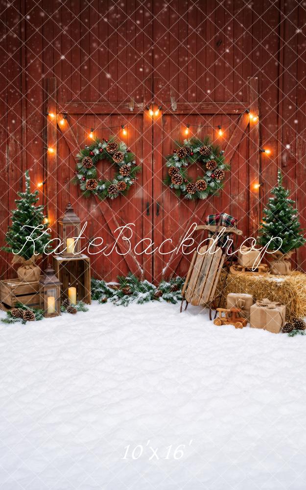 Kate Sweep Christmas Red Barn Doors Wreaths String Lights Printed Backdrop Designed by Happy Squirrel Design