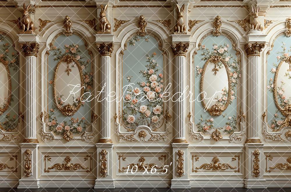 Kate Vintage Ornate Wall Floral Columns Rabbits Printed Backdrop Designed by Mini MakeBelieve