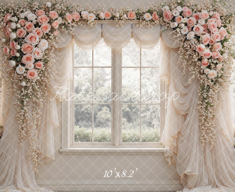 Kate Summer Flower Arch Window Drapes Pink Roses Printed Backdrop Designed by Mini MakeBelieve