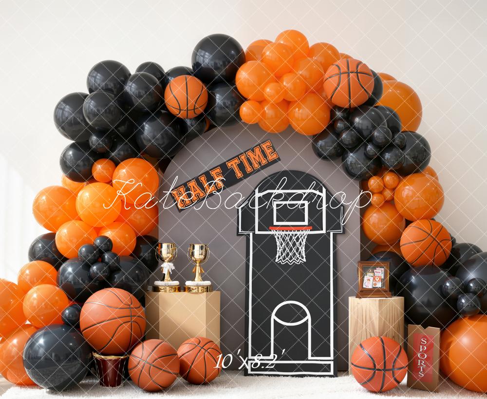 Kate Cake Smash Basketball Hoop Half Time Orange Black Balloons Backdrop Designed by Emetselch