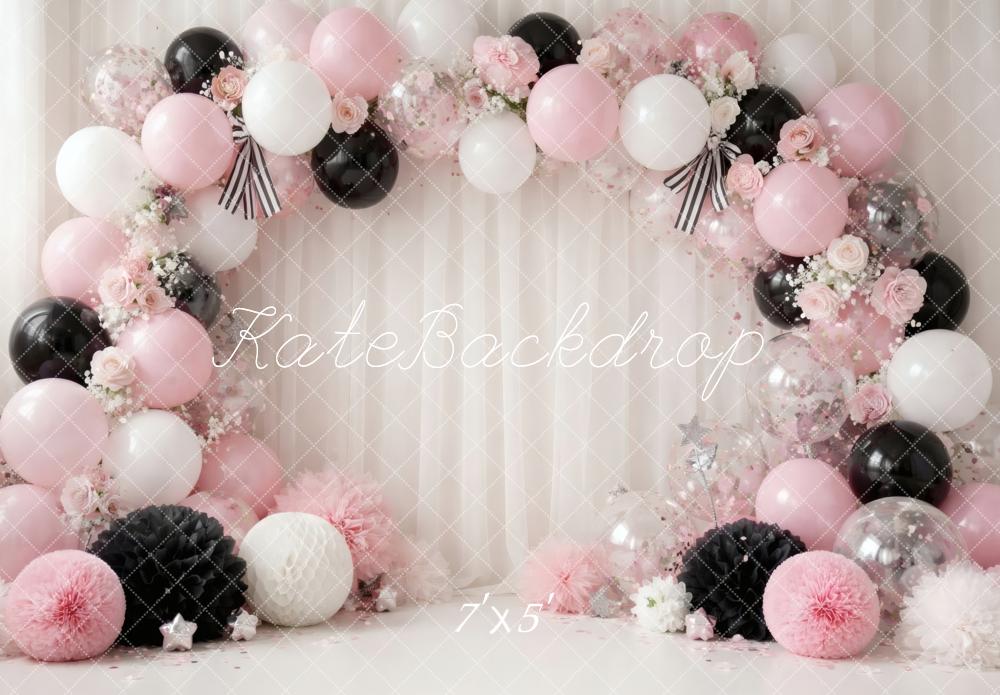 Kate Cake Smash Pink Black White Balloon Flower Arch Printed Backdrop Designed by Vertigo Productions