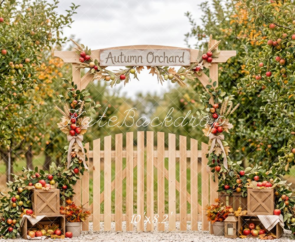Kate Fall Apple Orchard Gate White Picket Fence Printed Backdrop Designed by Patty Roberts
