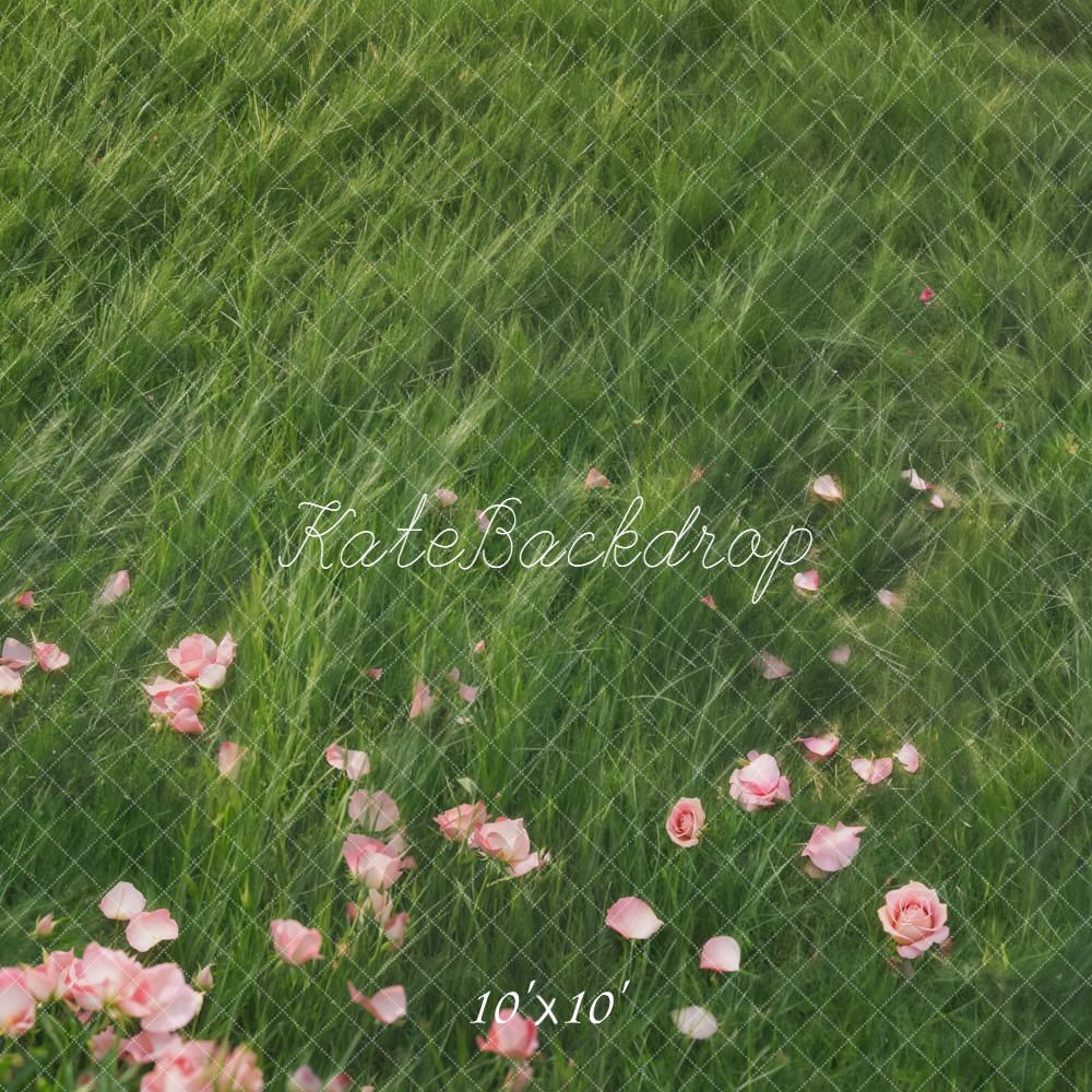 Kate Spring Green Grass Pink Rose Petals Floor Backdrop Designed by Emetselch