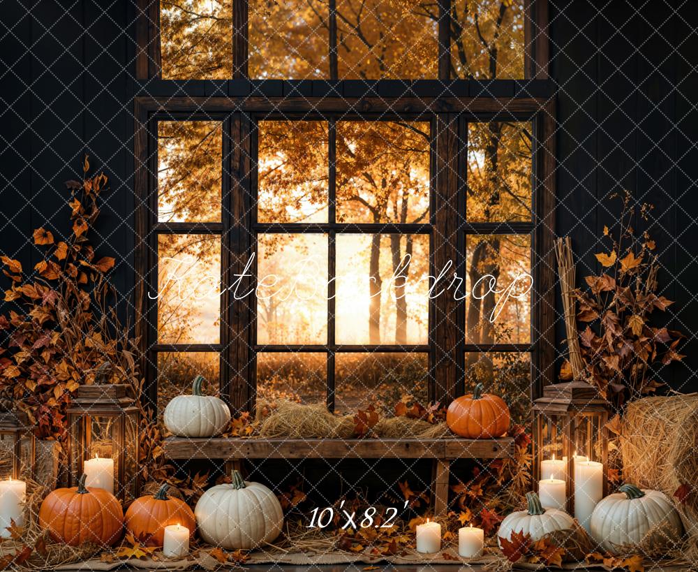 Kate Fall Pumpkin Candle Window Hay Bales Backdrop Designed by Emetselch