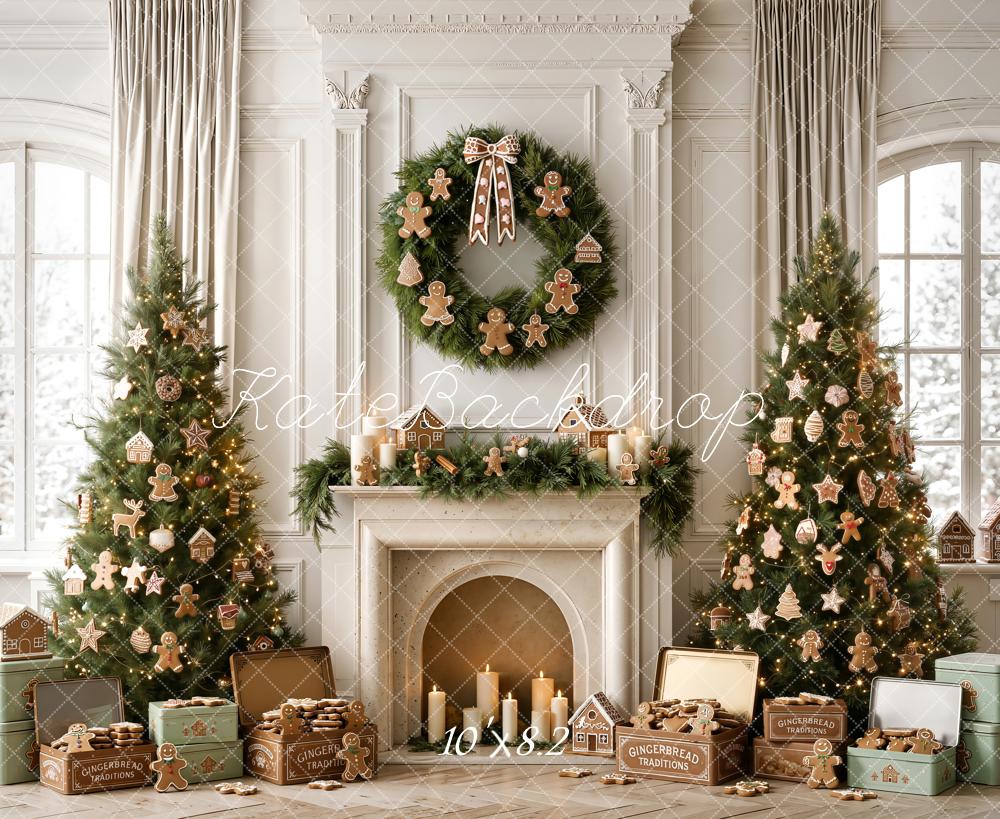 Kate Christmas Gingerbread Trees Wreath Fireplace Gifts Window Printed Backdrop Designed by Emetselch