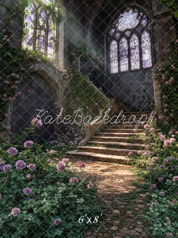 Kate Spring Cascading Stairs Stained Glass Rose Garden Printed Backdrop Designed by Chain Photography