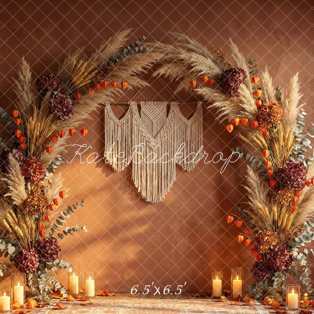 Kate Boho Flower Arch Pampas Grass Candles Brown Printed Backdrop Designed by Happy Squirrel Design