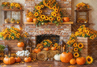 Kate Fall Sunflower Fireplace Pumpkin Brick Printed Backdrop Designed by Emetselch