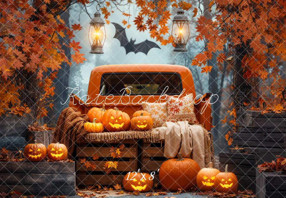 Kate Halloween Truck Pumpkins Maple Leaves Forest Bat Backdrop Designed by Emetselch