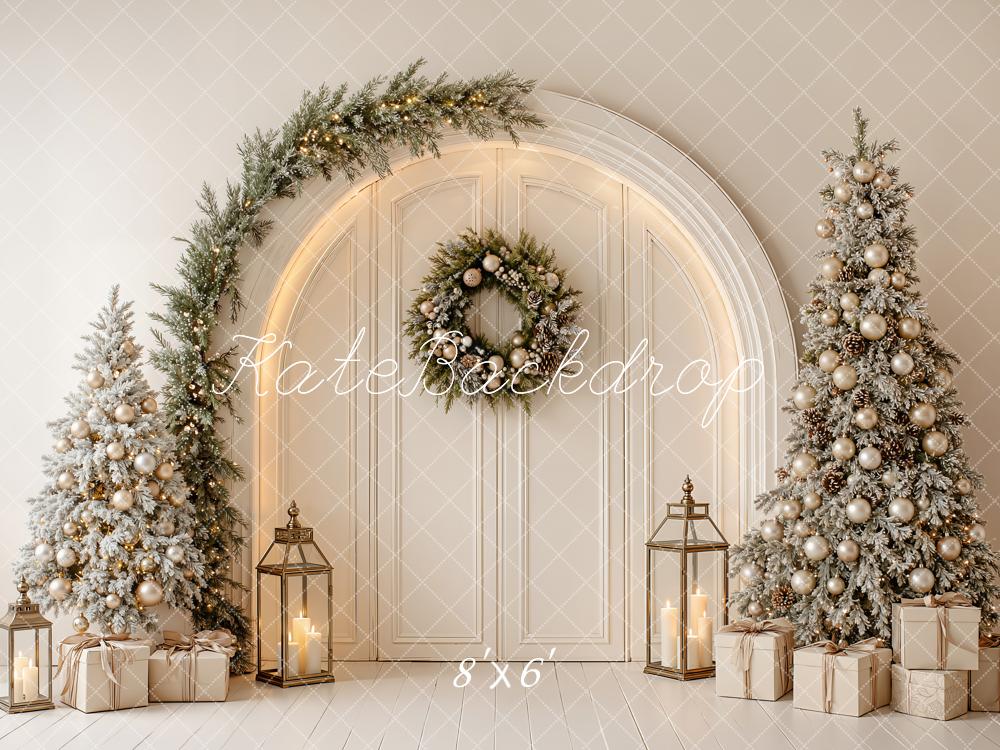 Kate Christmas White Arch Christmas Trees Wreath Printed Backdrop Designed by Emetselch