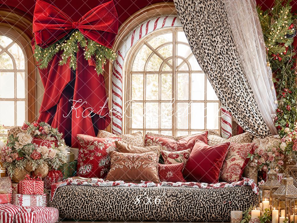 Kate Valentines Red Bow Leopard Curtain Window Floral Backdrop Designed by Emetselch