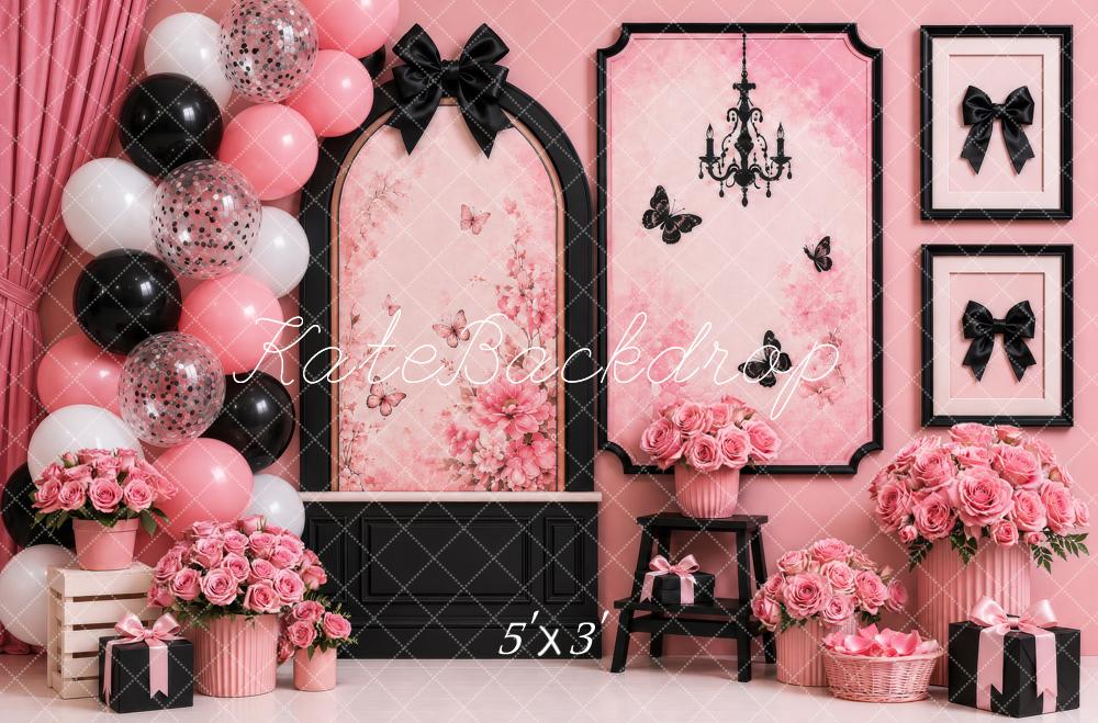 Kate Cake Smash Pink Glam Floral Boutique Balloons Bows Black Frames Printed Backdrop Designed by Shutter Swan Studios