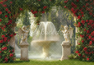 Kate Spring Red Rose Arch Angel Statues Fountain Garden Printed Backdrop Designed by Emetselch