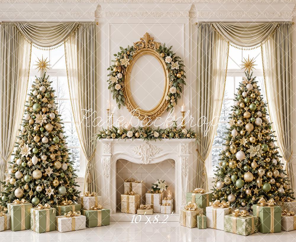 Kate Christmas Gold Twin Trees Retro Fireplace Printed Backdrop Designed by Emetselch