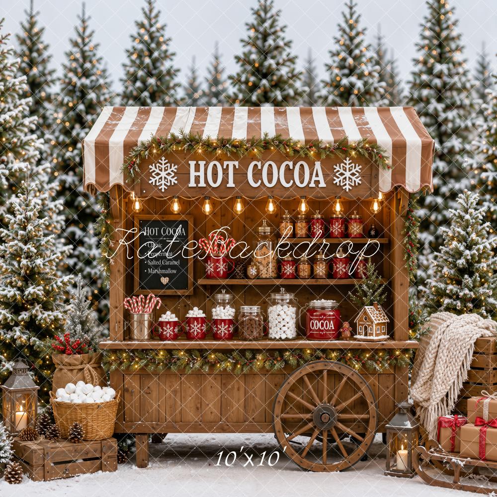 Kate Christmas Hot Cocoa Cart Snowy Forest Gifts Printed Backdrop Designed by Emetselch