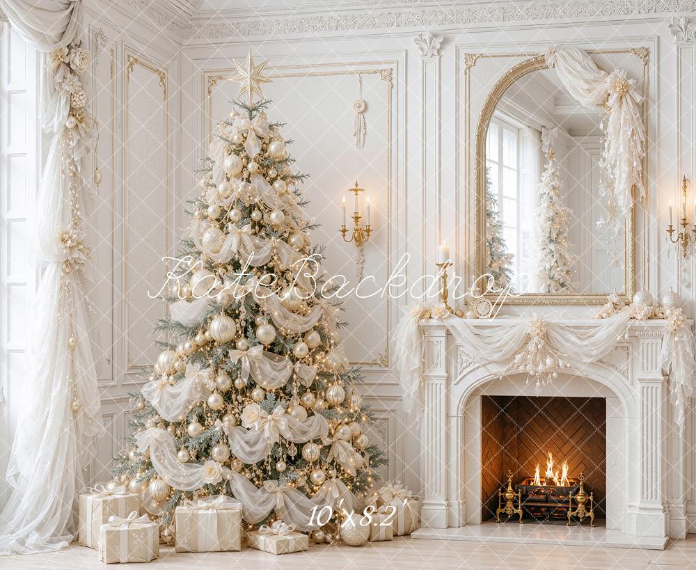 Kate Christmas Tree Luminous Ivory Tulle Fireplace Mirror Printed Backdrop Designed by Shutter Swan Studios