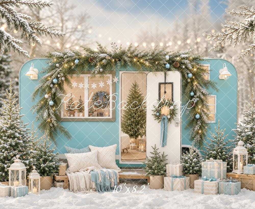 Kate Christmas Blue Camper Garland Trees Gifts Snowy Printed Backdrop Designed by Emetselch