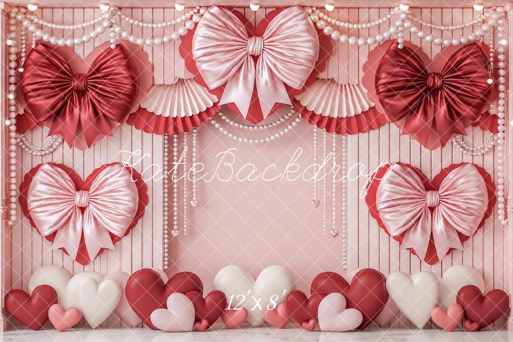 Kate Valentine's Day Pink Heart Satin Bows Pearls Printed Backdrop Designed by Angela Miller
