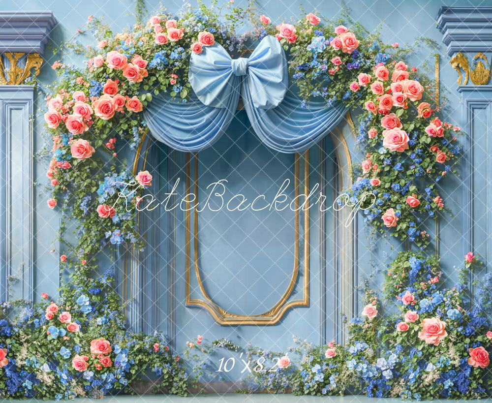 Kate Retro Floral Arch Blue Bow Framed Backdrop Designed by Emetselch