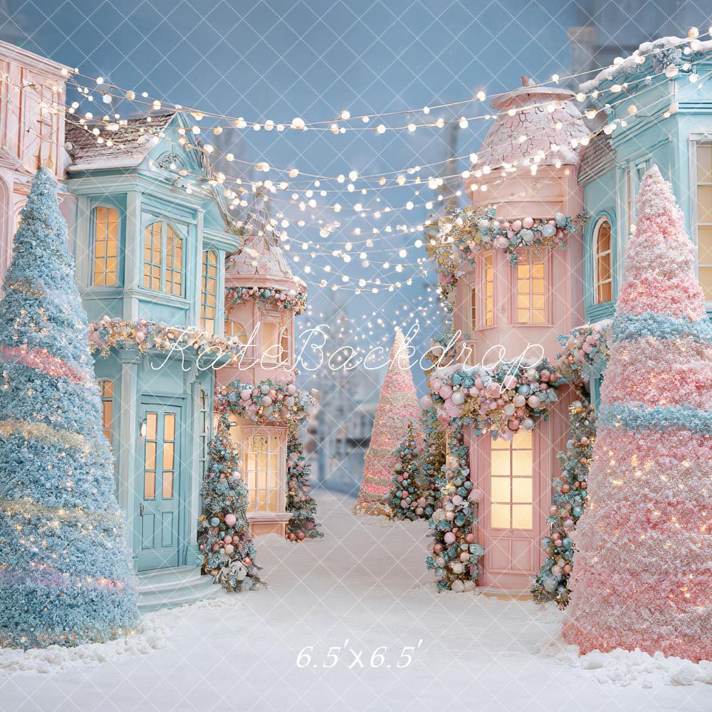 Kate Christmas Pastel Village Snowy Trees Fairy Lights Backdrop Designed by Ashley Paul