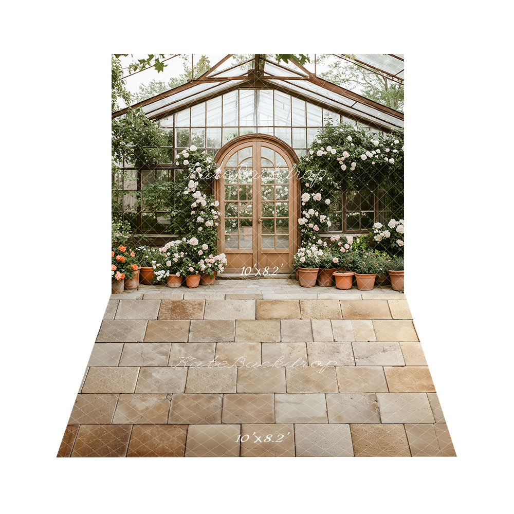 Kate Spring Floral Greenhouse Garden Backdrop+Beige Stone Floor Backdrop