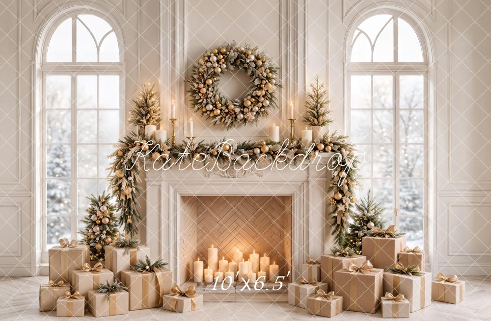 Kate Christmas Fireplace Wreath Garland Gifts White Window Printed Backdrop Designed by Emetselch