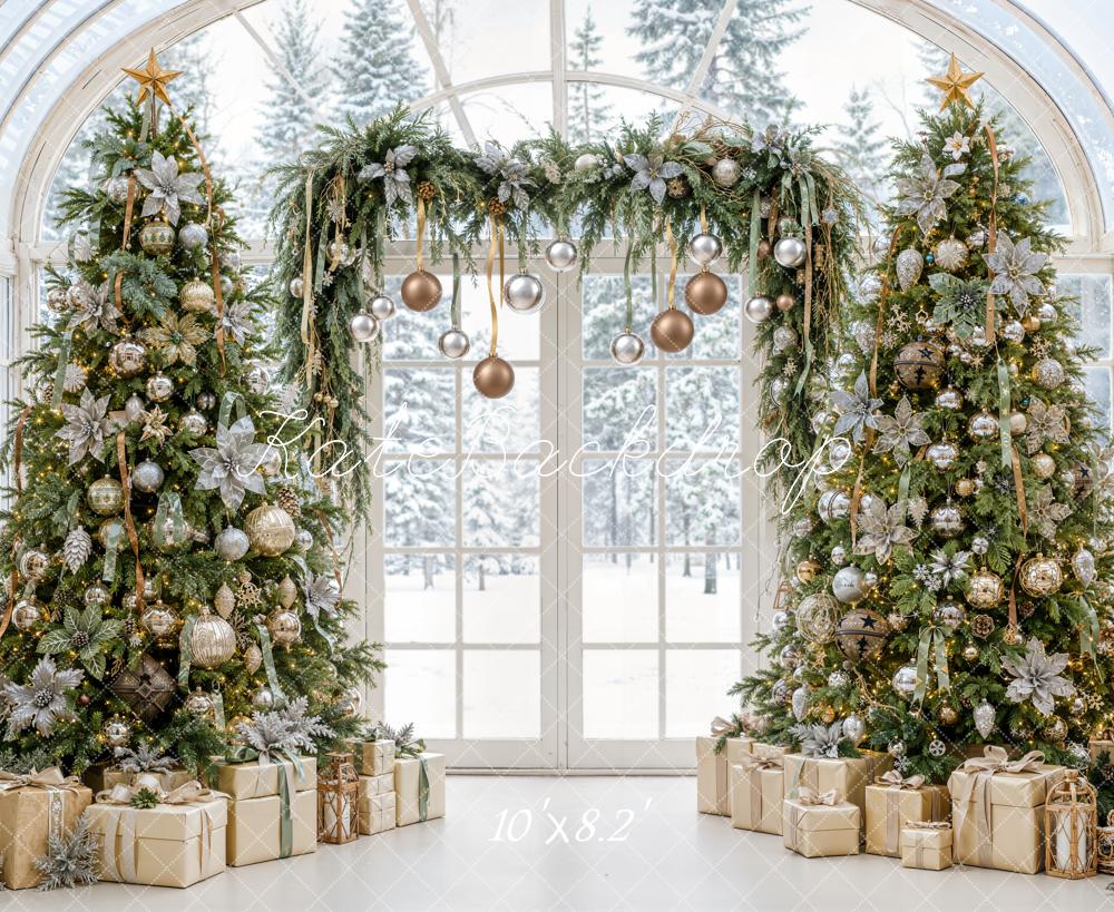 Kate Christmas Greenhouse Trees Garland Gifts Gold Ornaments Printed Backdrop Designed by Emetselch