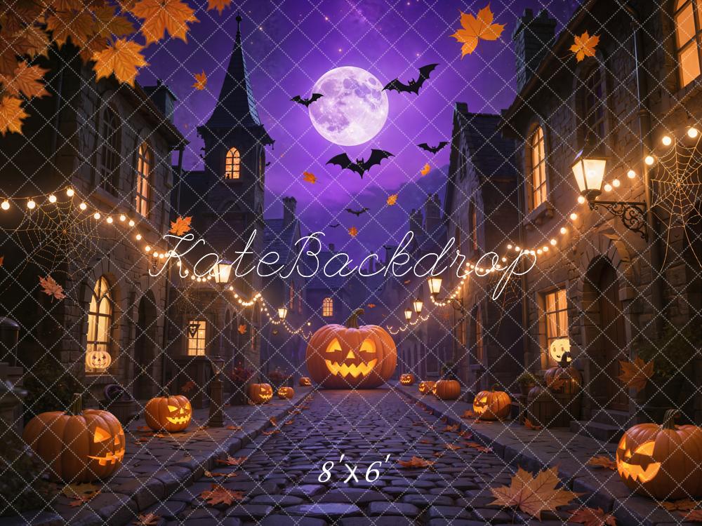 Kate Halloween Night Pumpkin Street Bats Backdrop Designed by Emetselch