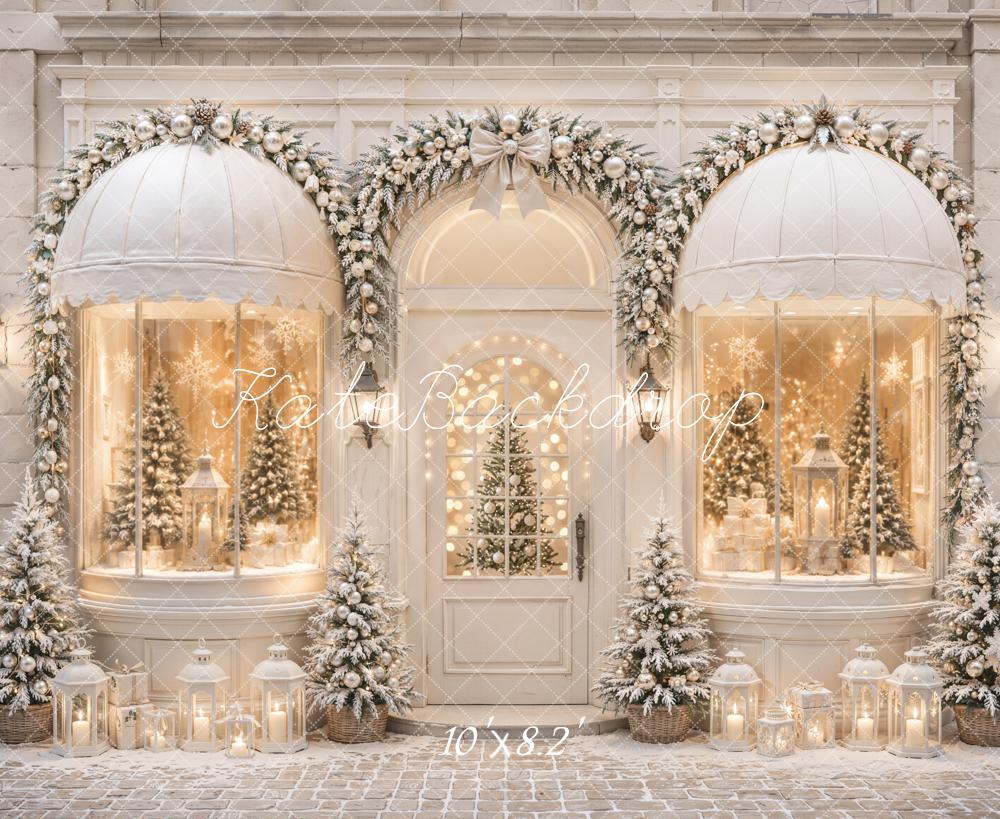 Kate Christmas Shop Arched Window Garland Snowy Trees Printed Backdrop Designed by Emetselch