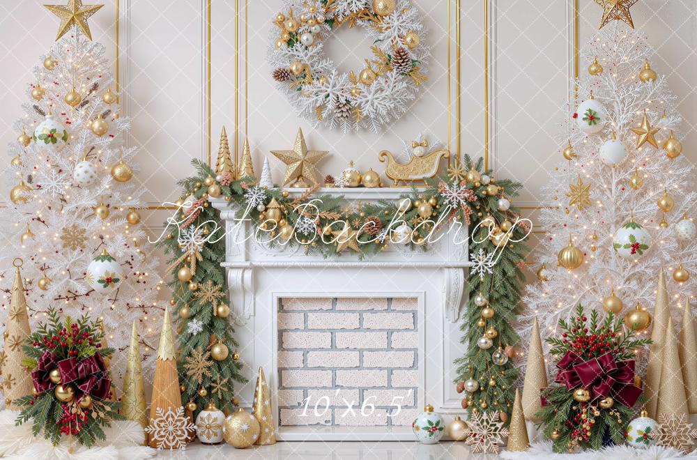 Kate Christmas White Trees Gold Fireplace Wreath Printed Backdrop Designed by Mini MakeBelieve