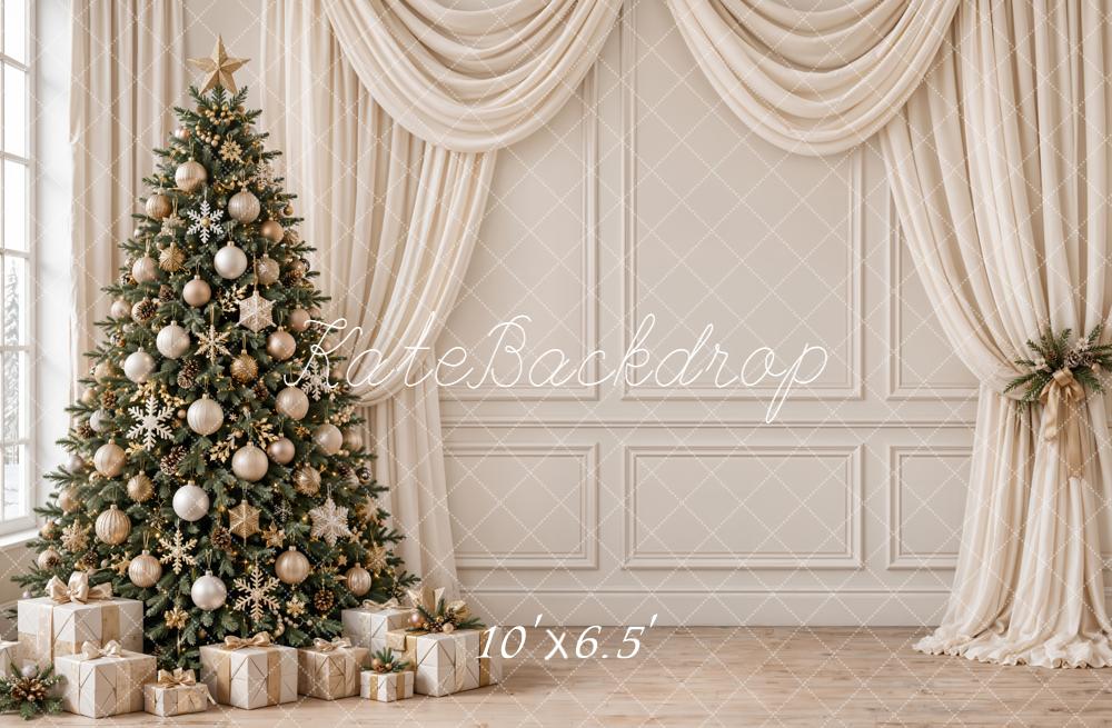 Kate Christmas Tree Gifts Draped Curtains Beige Vintage Wall Printed Backdrop Designed by Emetselch