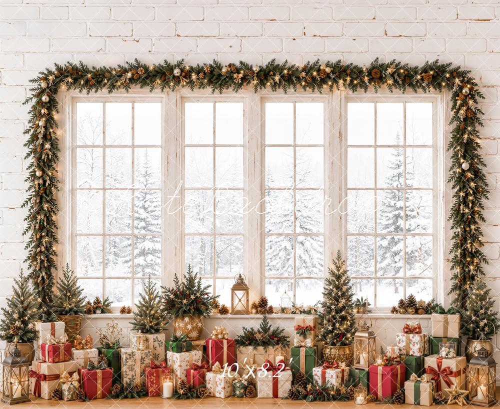Kate Christmas Window Garland Gifts Snowy White Printed Backdrop Designed by Emetselch