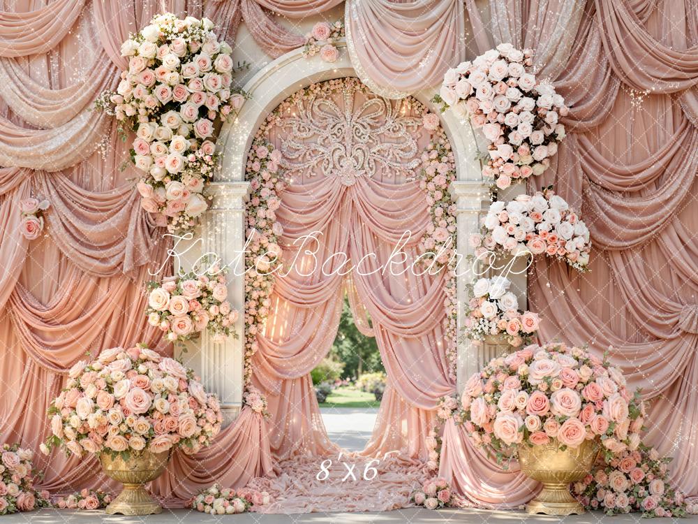 Kate Spring Pink Flower Arch Wedding Drapes Printed Backdrop Designed by Mini MakeBelieve