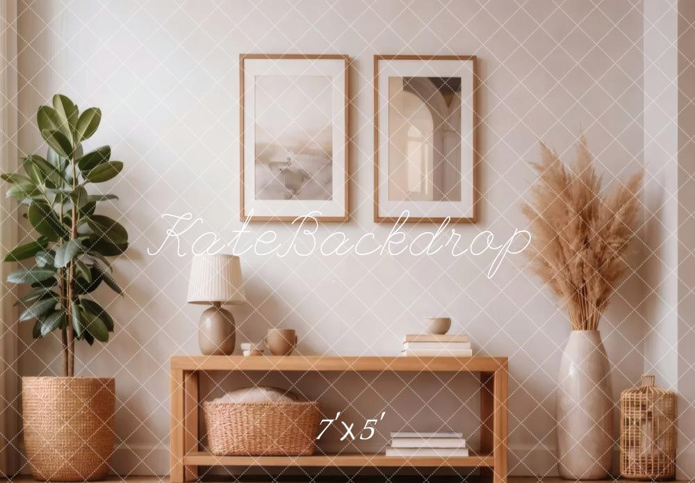 Kate Neutral Living Room Plant Cabinet Decor Printed Backdrop Designed by Vertigo Productions