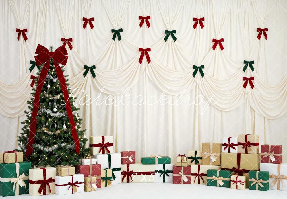 Kate Christmas Tree Elegant Ribbon Wall Gift Boxes Red Green Bows Printed Backdrop Designed by Patty Roberts