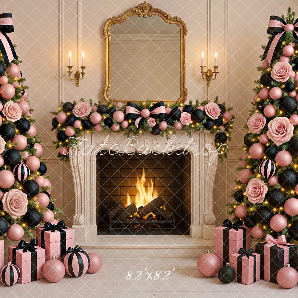 Kate Christmas Tree Pink Rose Fireplace Garland Printed Backdrop Designed by Ashley Paul