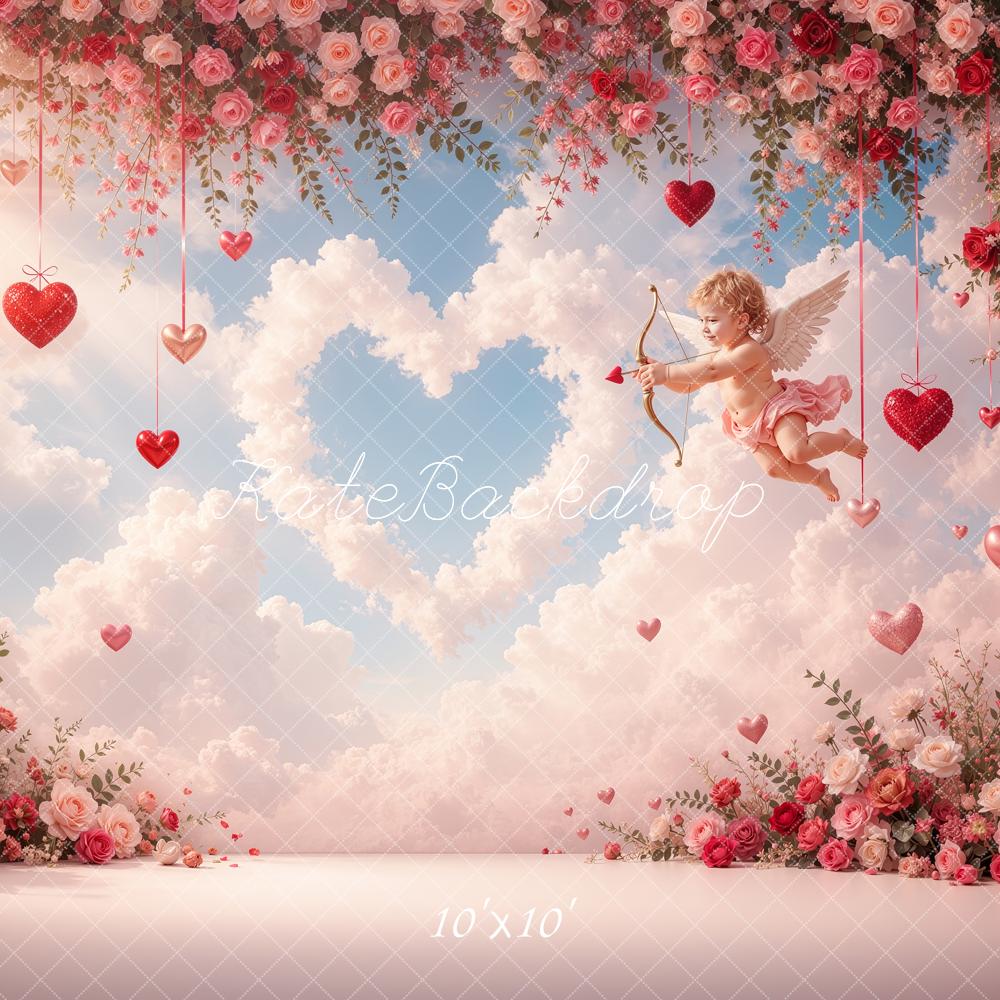 Kate Valentine's Day Cupid Roses Hearts Clouds Printed Backdrop Designed by Shutter Swan Studios