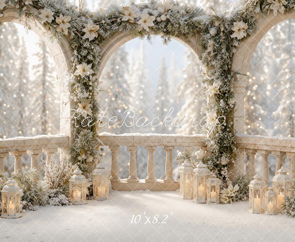 Kate Christmas Balcony Snowy Floral Arch Lanterns Printed Backdrop Designed by Emetselch