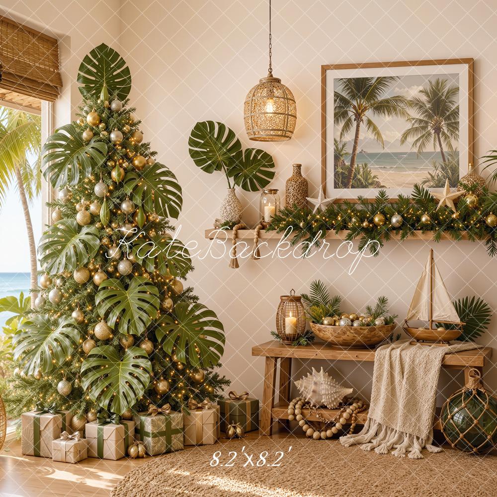 Kate Christmas Tree Tropical Beach Fireplace Printed Backdrop Designed by Shutter Swan Studios