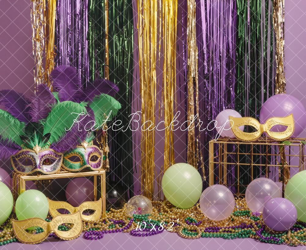 Kate Mardi Gras Masks Balloons Beads Tinsel Backdrop Designed by Emetselch