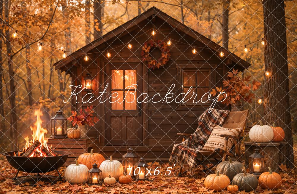 Kate Fall Forest Cabin Pumpkin Fire Pit Printed Backdrop Designed by Emetselch
