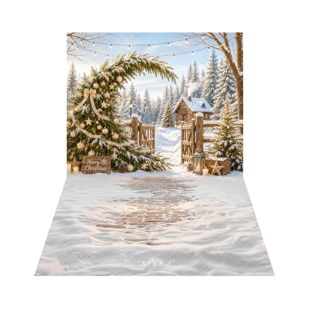 Kate Christmas Fantasy Snowy Tree Whimsical Gold Ornaments Cabin Gate Printed Backdrop+Winter Snow Covered Cobblestone Path Printed Backdrop